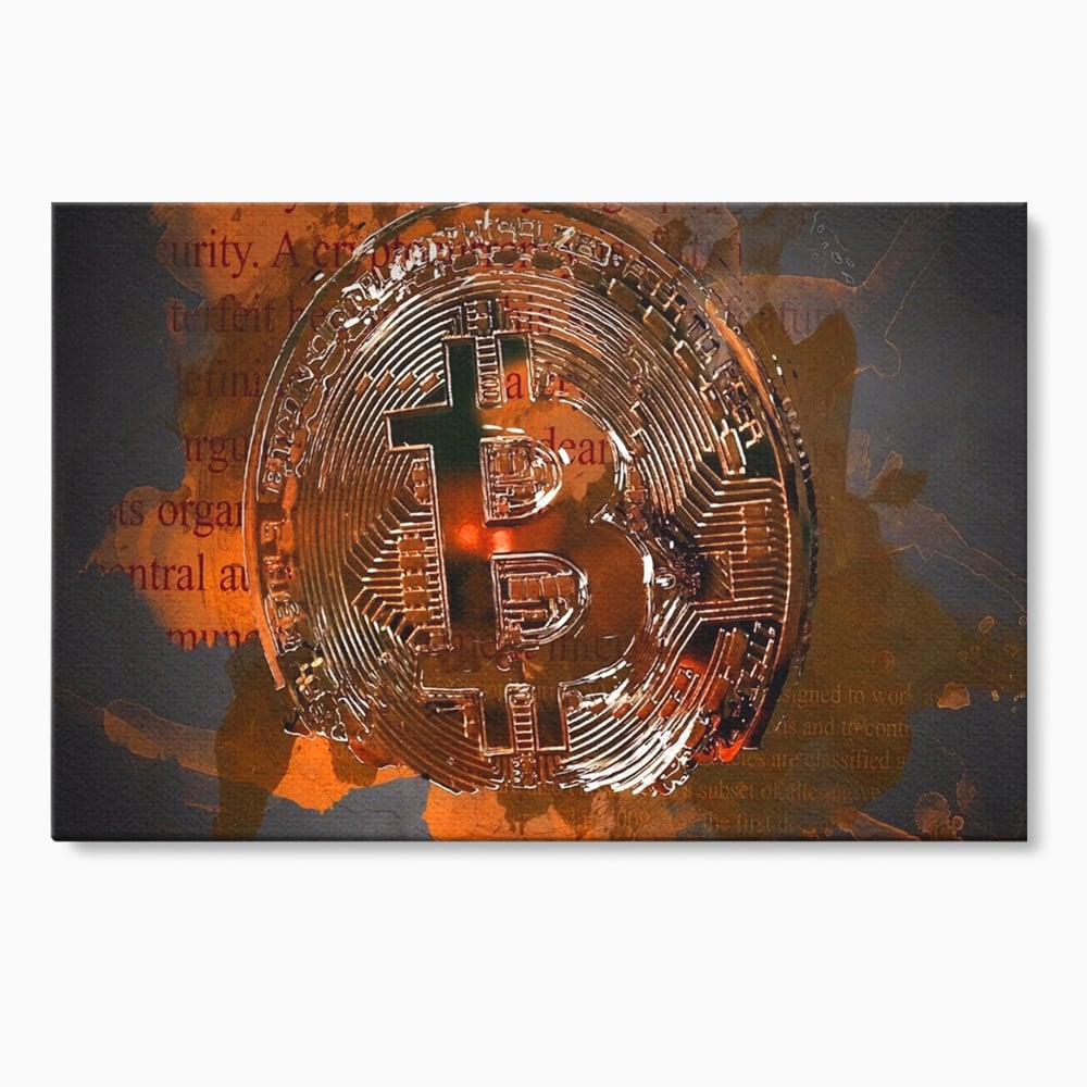 Tablou canvas cu tablou canvas cu moneda bitcoin, fara rama, pe sasiu de lemn