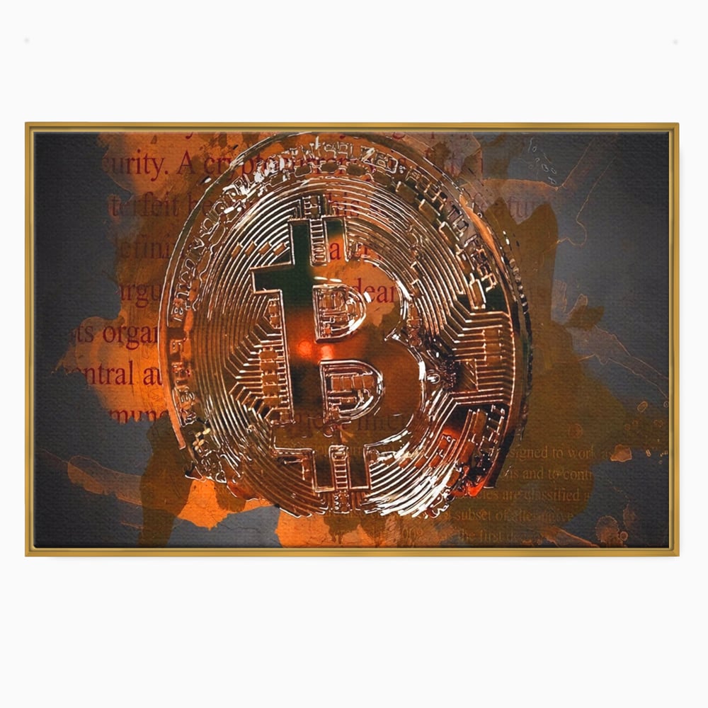 Tablou canvas cu tablou canvas cu moneda bitcoin, in rama de aluminiu auriu