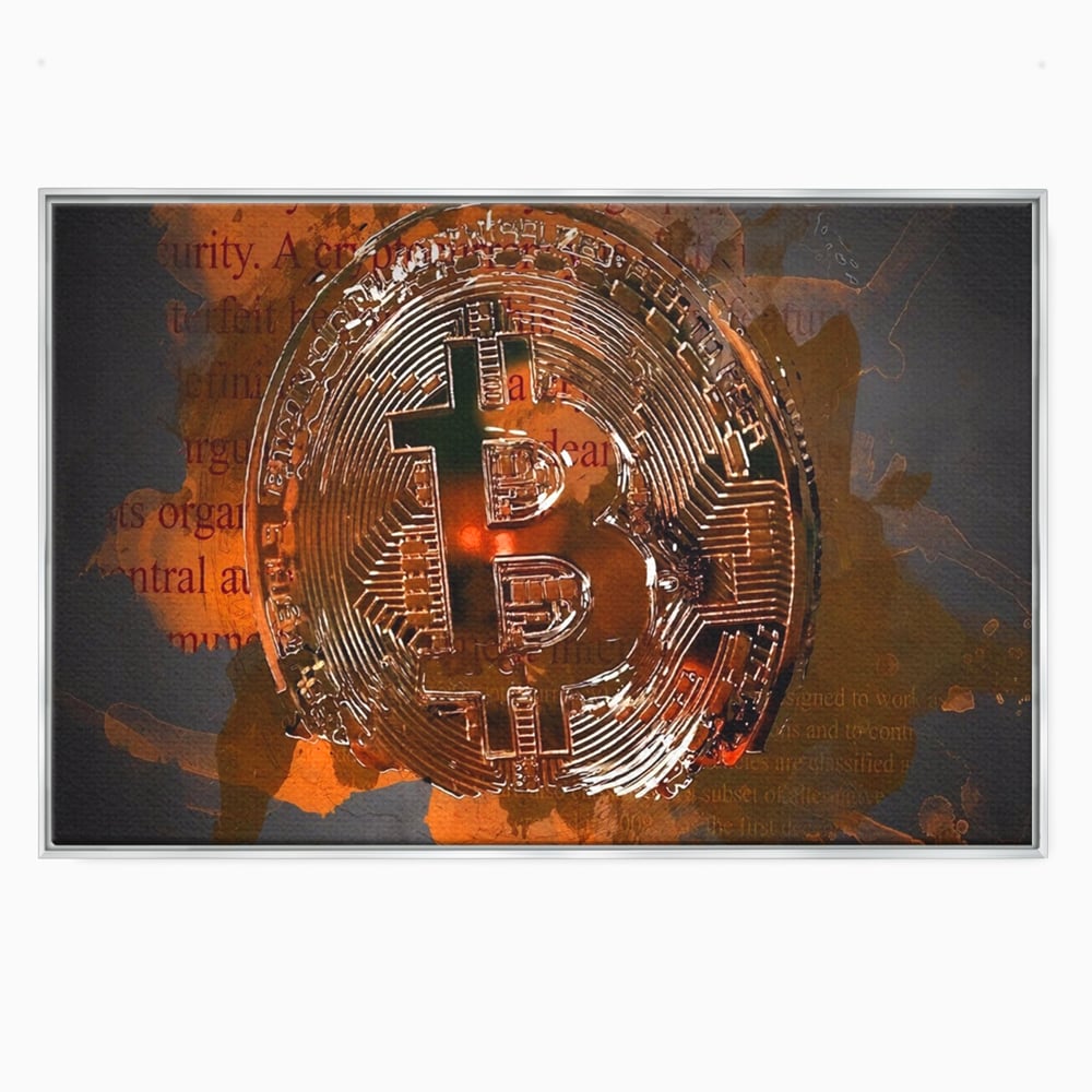 Tablou canvas cu tablou canvas cu moneda bitcoin, in rama de aluminiu argintiu