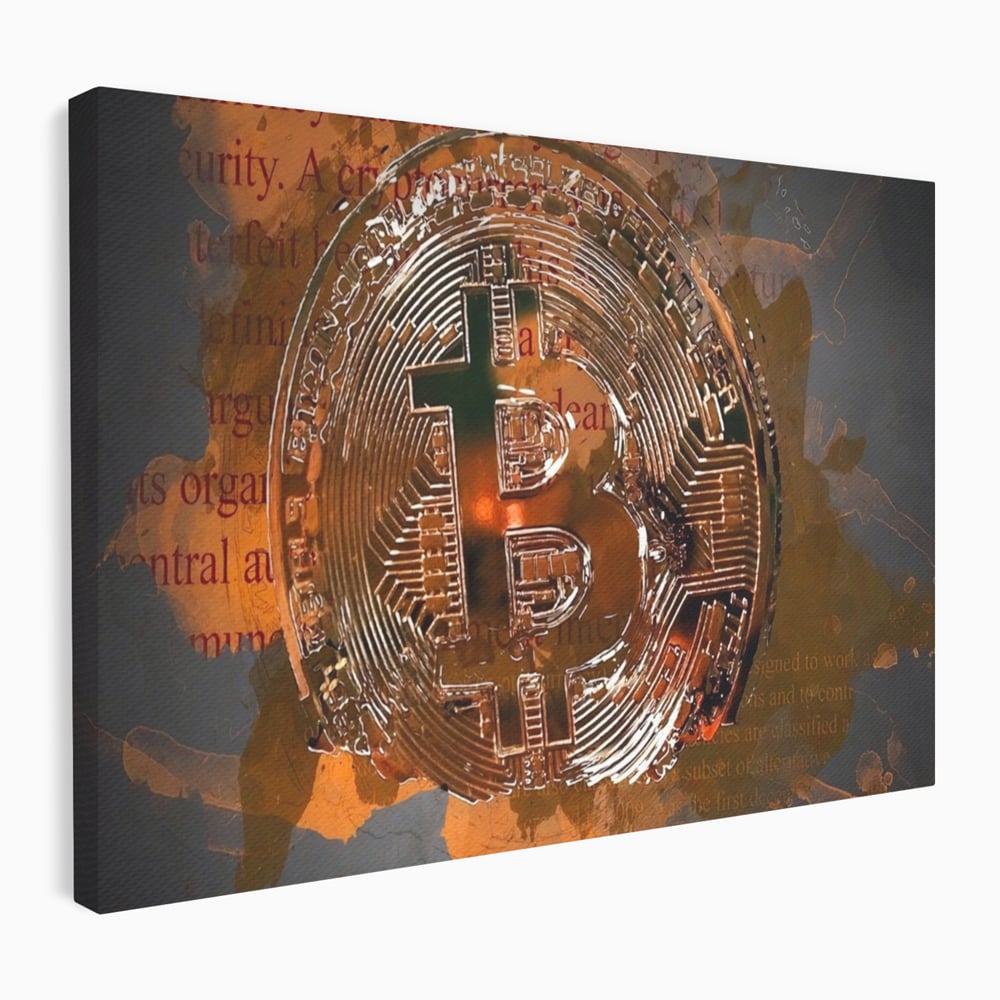 Tablou canvas cu tablou canvas cu moneda bitcoin, fara rama, pe sasiu de lemn