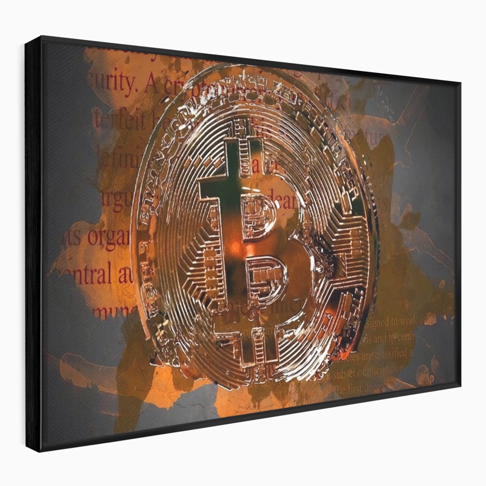 Tablou canvas cu tablou canvas cu moneda bitcoin, in rama de aluminiu negru
