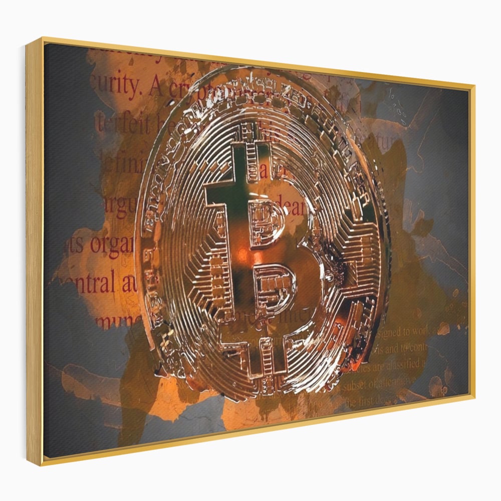 Tablou canvas cu tablou canvas cu moneda bitcoin, in rama de aluminiu auriu