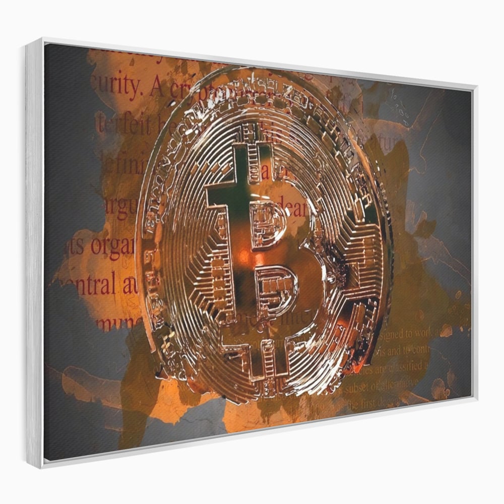 Tablou canvas cu tablou canvas cu moneda bitcoin, in rama de aluminiu argintiu