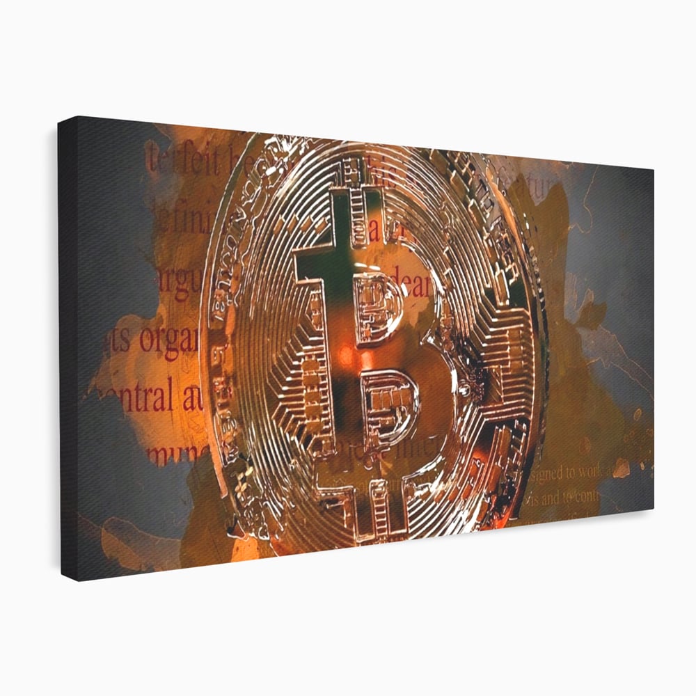 Tablou canvas cu tablou canvas cu moneda bitcoin, fara rama, pe sasiu de lemn