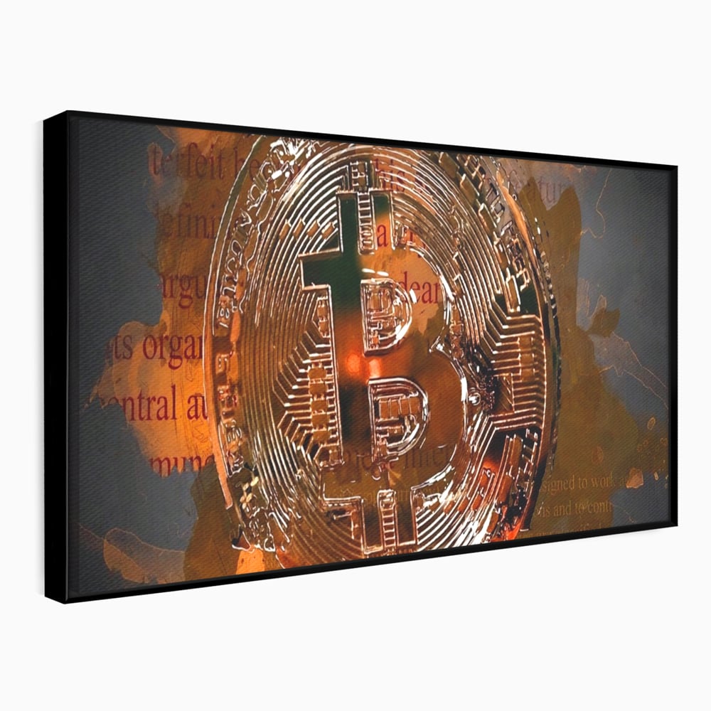 Tablou canvas cu tablou canvas cu moneda bitcoin, in rama de aluminiu negru