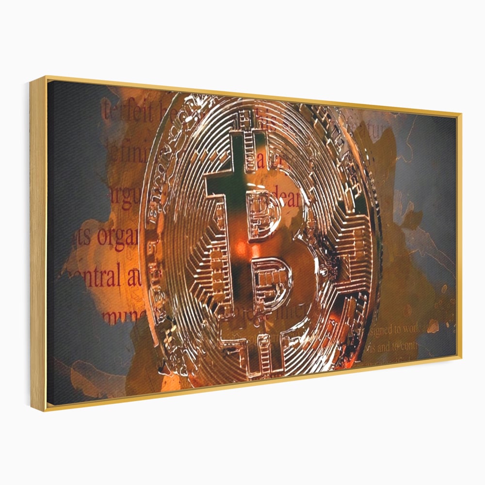 Tablou canvas cu tablou canvas cu moneda bitcoin, in rama de aluminiu auriu