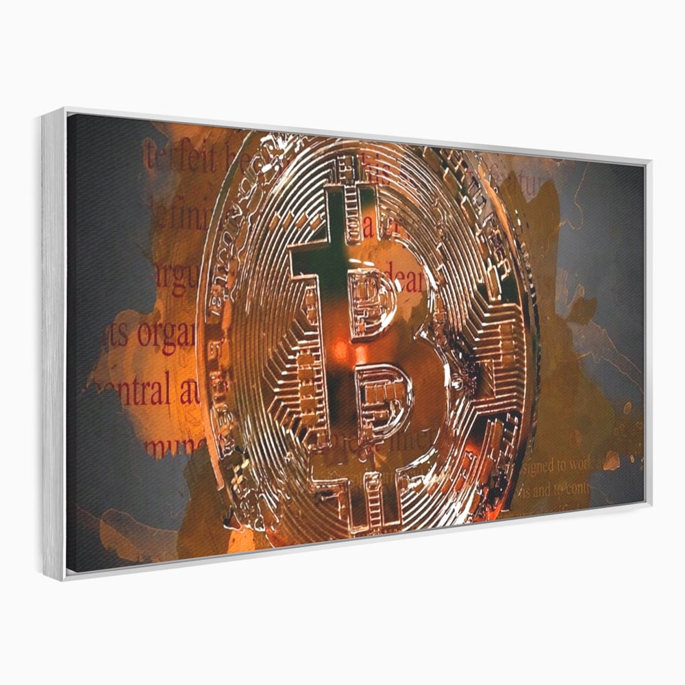Tablou canvas cu tablou canvas cu moneda bitcoin, in rama de aluminiu argintiu