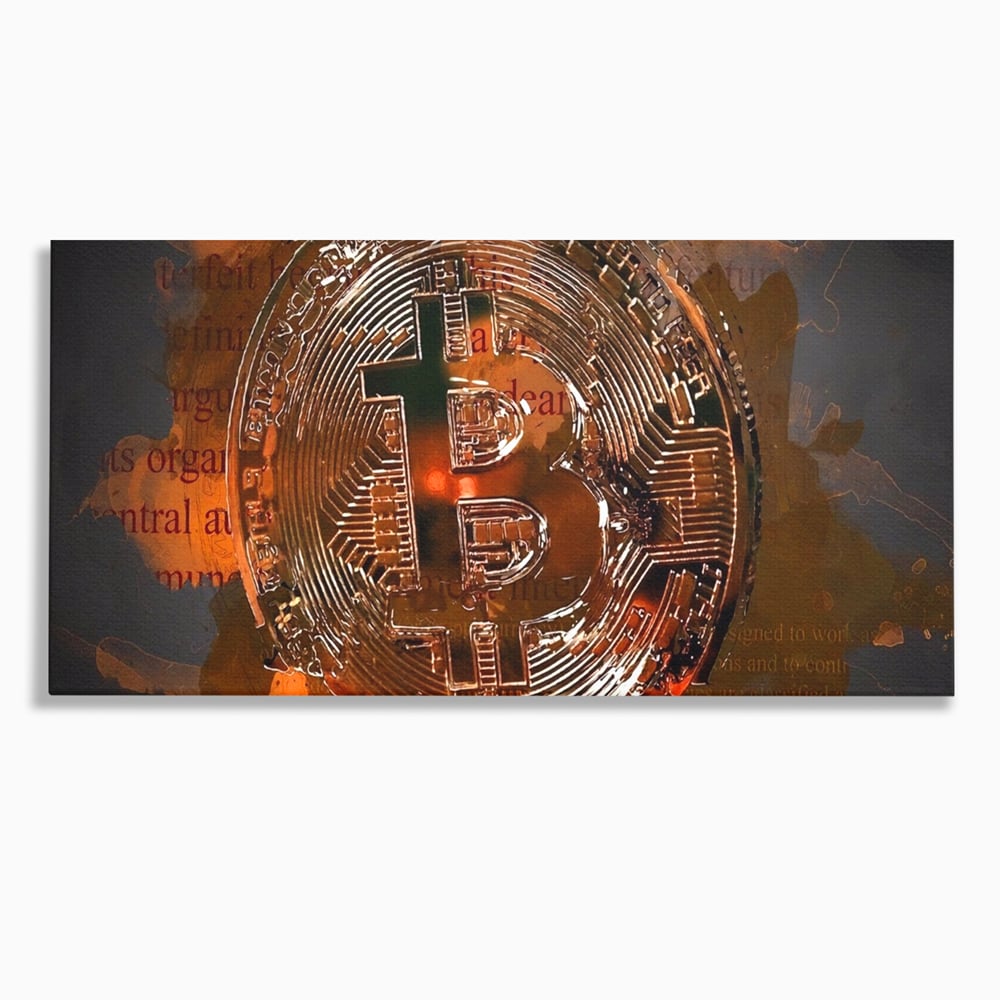 Tablou canvas cu tablou canvas cu moneda bitcoin, fara rama, pe sasiu de lemn