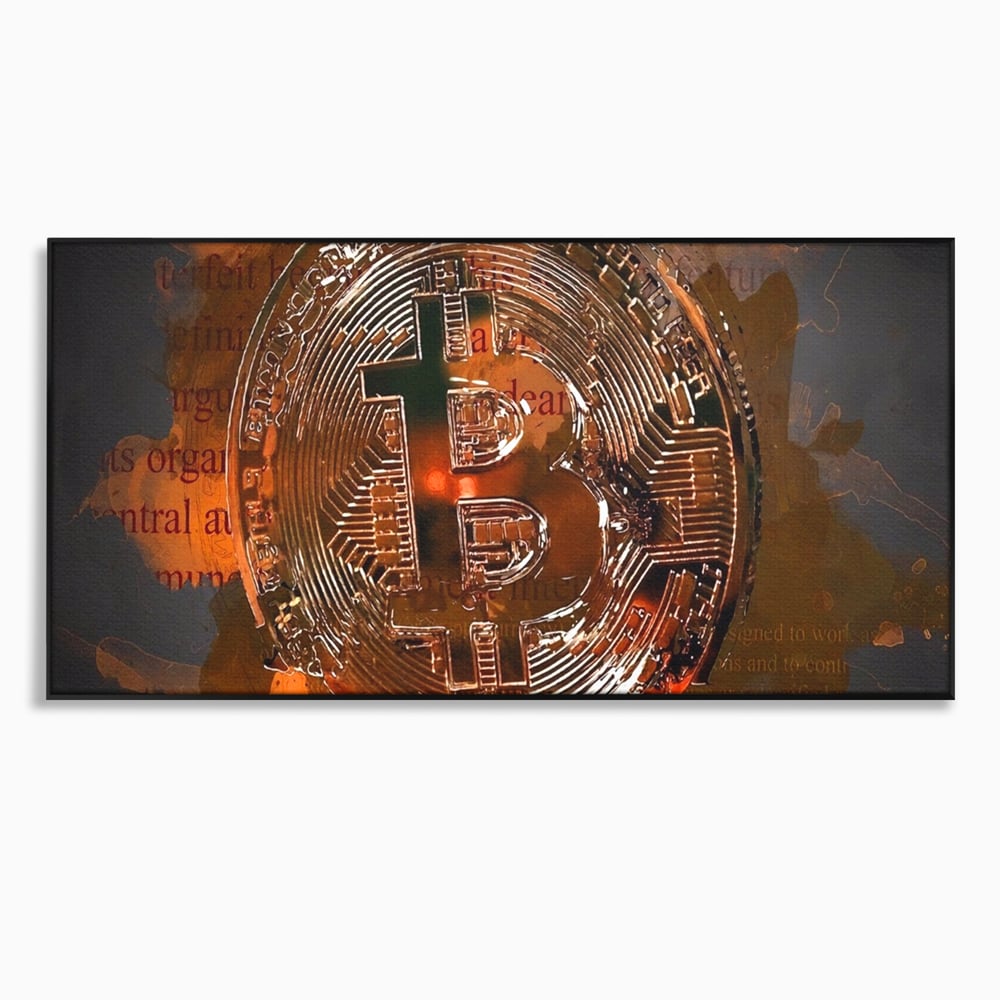 Tablou canvas cu tablou canvas cu moneda bitcoin, in rama de aluminiu negru