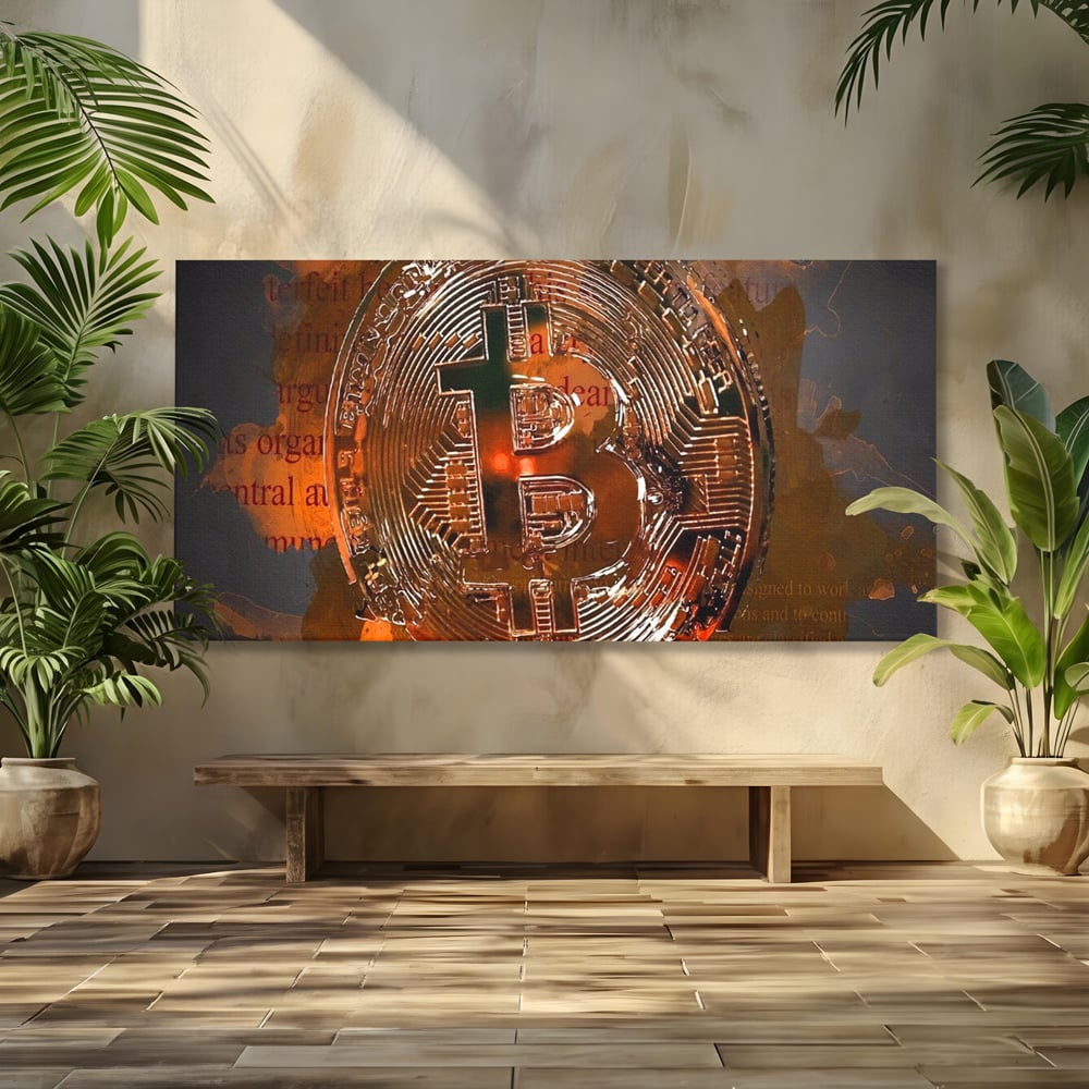 Tablou canvas cu tablou canvas cu moneda bitcoin, fara rama, pe sasiu de lemn