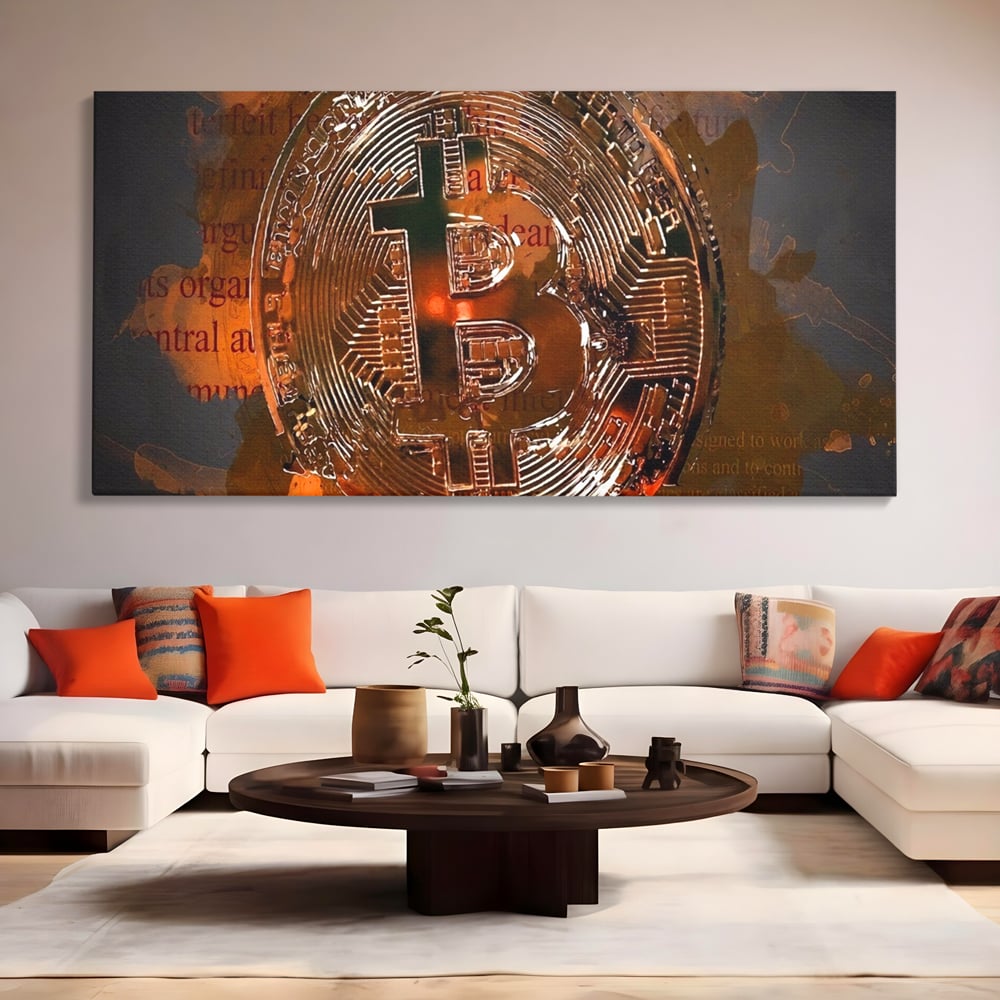 Tablou canvas cu tablou canvas cu moneda bitcoin, fara rama, pe sasiu de lemn, pe perete intr-un living
