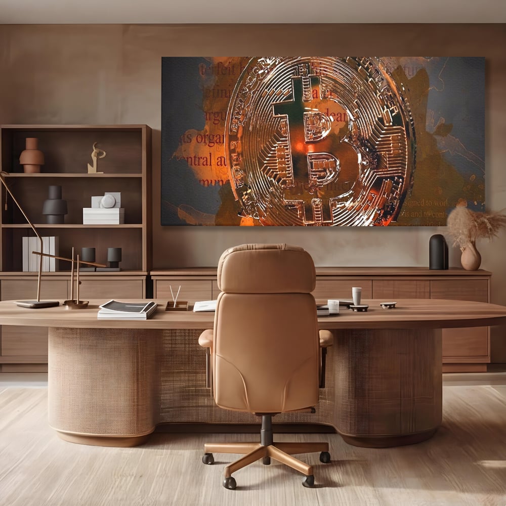 Tablou canvas cu tablou canvas cu moneda bitcoin, fara rama, pe sasiu de lemn, pe perete intr-un birou