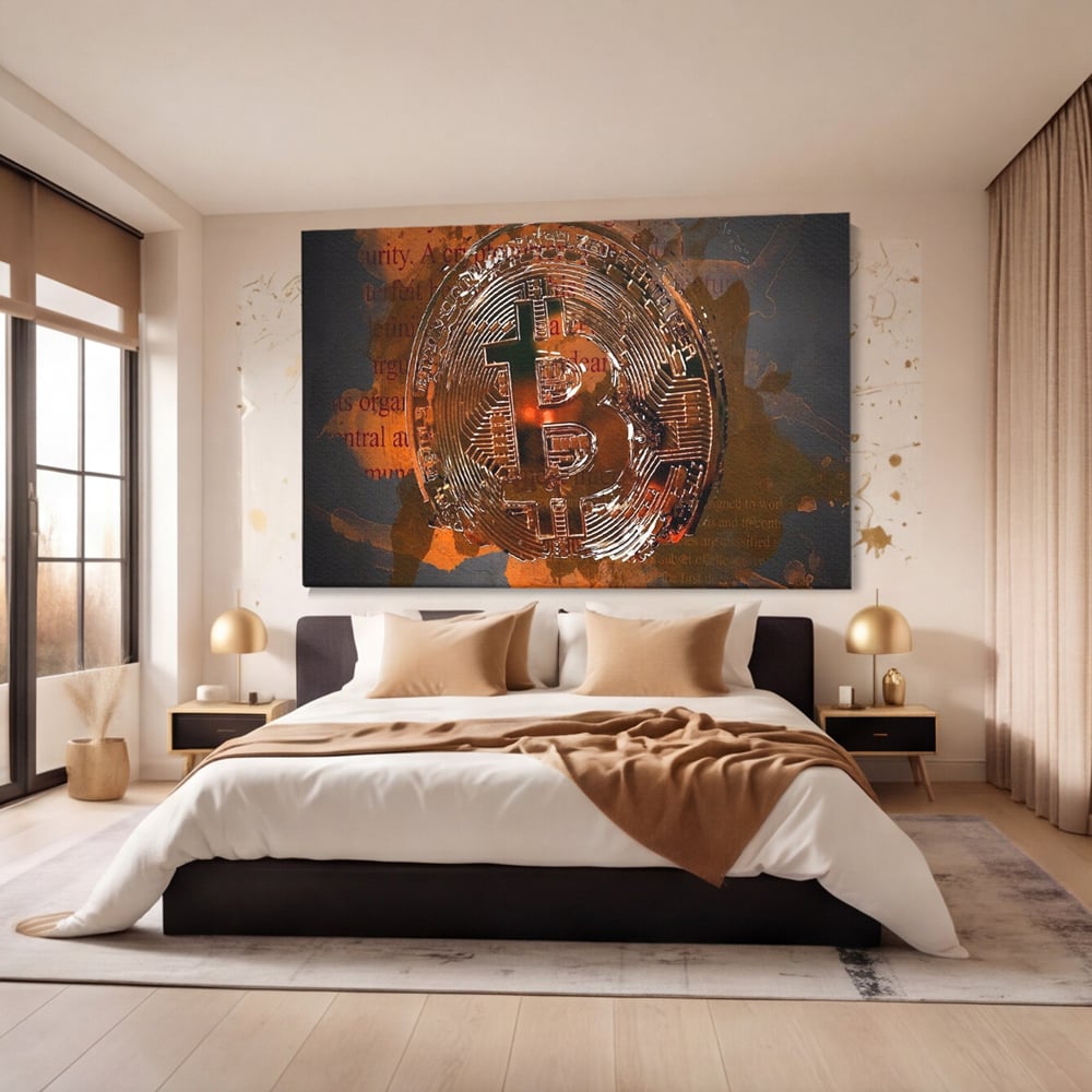Tablou canvas cu tablou canvas cu moneda bitcoin, fara rama, pe sasiu de lemn, pe perete intr-un dormitor