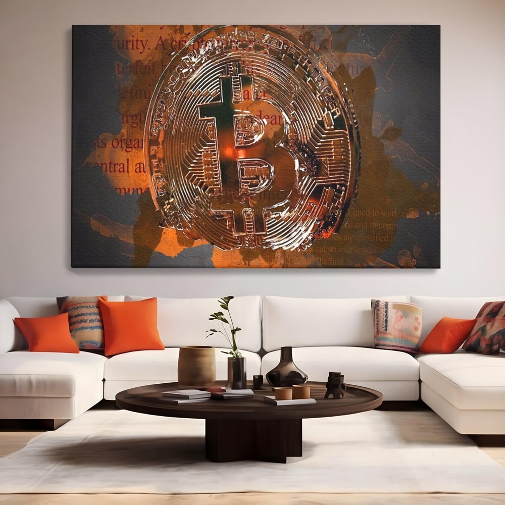 Tablou canvas cu tablou canvas cu moneda bitcoin, fara rama, pe sasiu de lemn, pe perete intr-un living