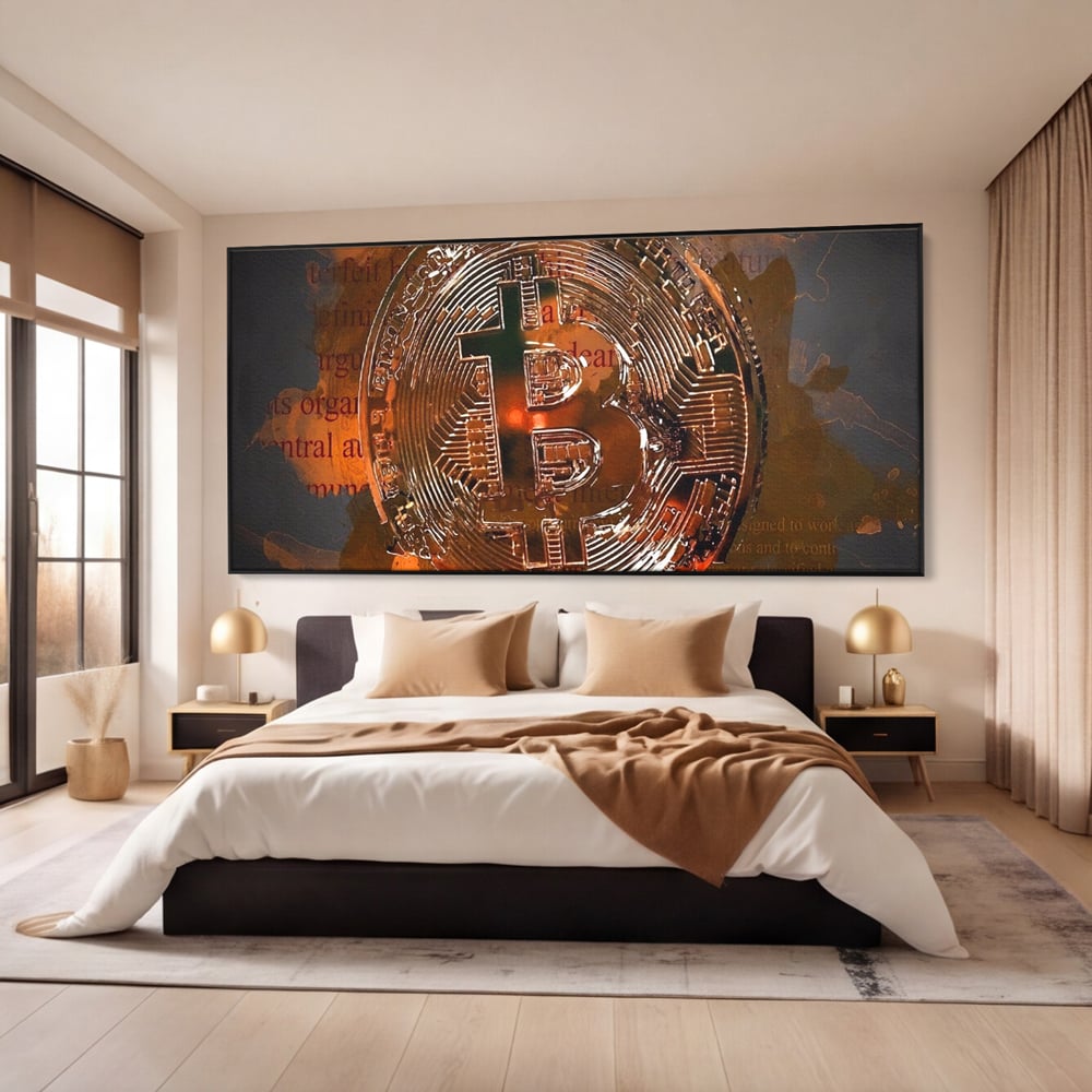 Tablou canvas cu tablou canvas cu moneda bitcoin, in rama de aluminiu negru, pe perete intr-un dormitor