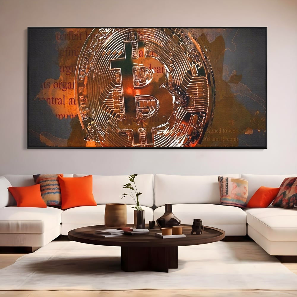Tablou canvas cu tablou canvas cu moneda bitcoin, in rama de aluminiu negru, pe perete intr-un living