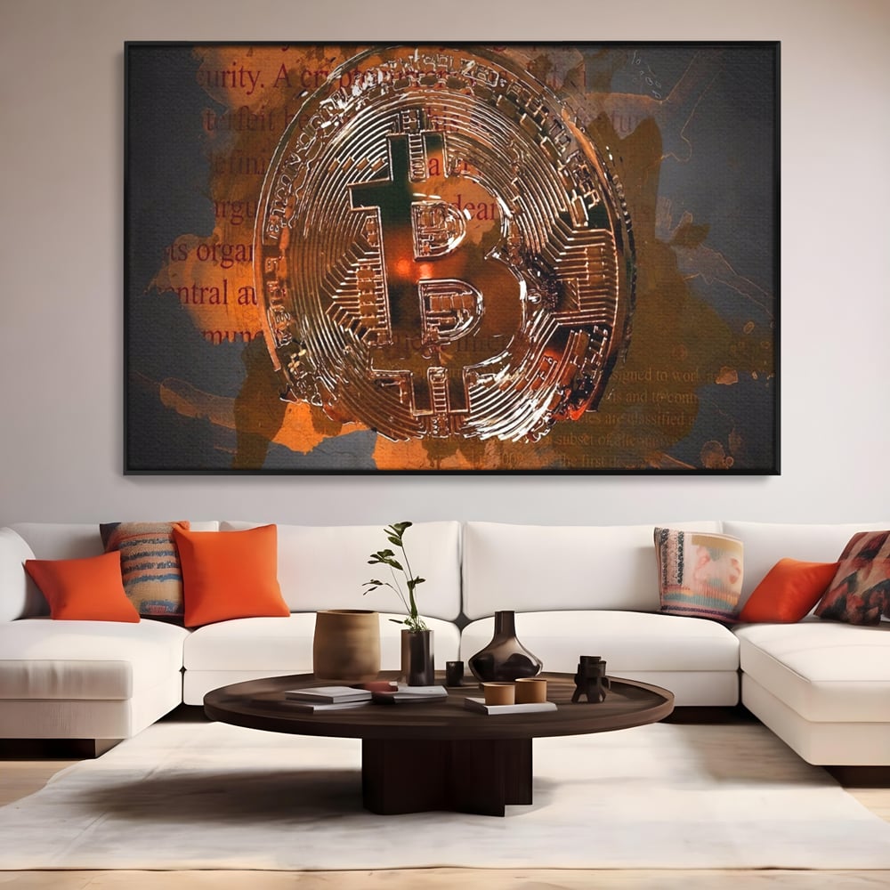 Tablou canvas cu tablou canvas cu moneda bitcoin, in rama de aluminiu negru, pe perete intr-un living