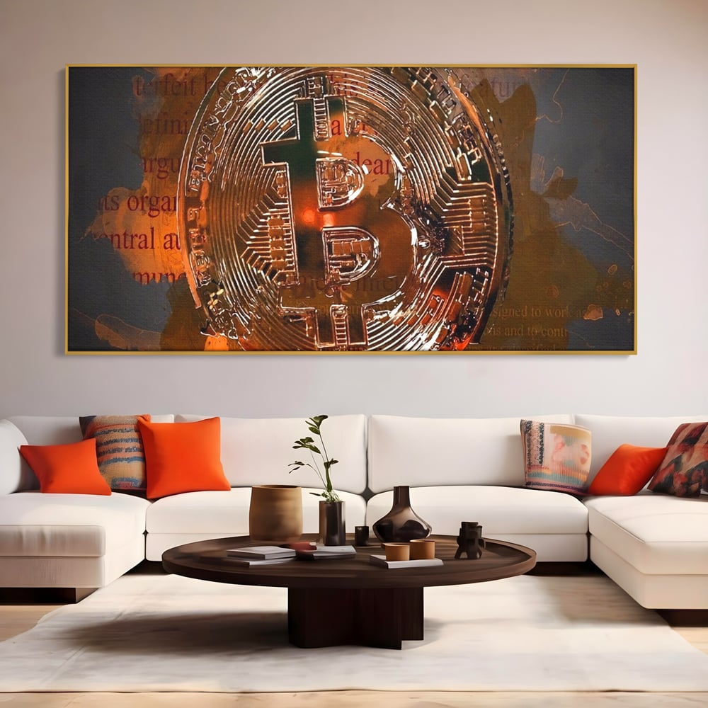 Tablou canvas cu tablou canvas cu moneda bitcoin, in rama de aluminiu auriu, pe perete intr-un living