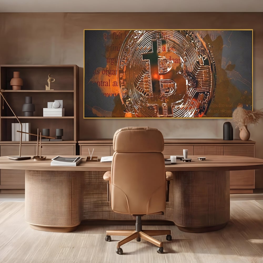 Tablou canvas cu tablou canvas cu moneda bitcoin, in rama de aluminiu auriu, pe perete intr-un birou