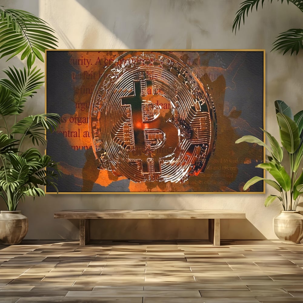 Tablou canvas cu tablou canvas cu moneda bitcoin, in rama de aluminiu auriu