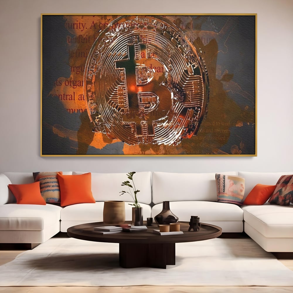 Tablou canvas cu tablou canvas cu moneda bitcoin, in rama de aluminiu auriu, pe perete intr-un living