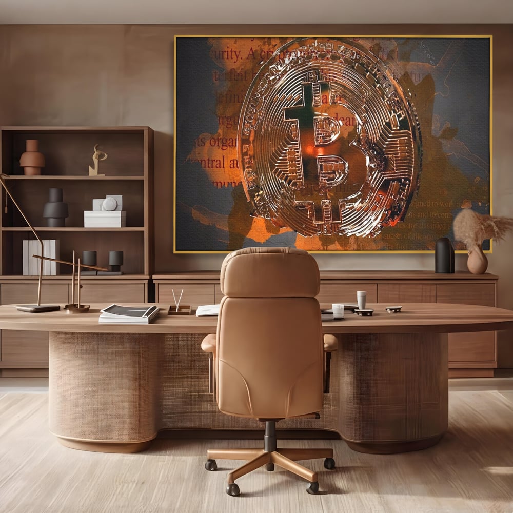 Tablou canvas cu tablou canvas cu moneda bitcoin, in rama de aluminiu auriu, pe perete intr-un birou