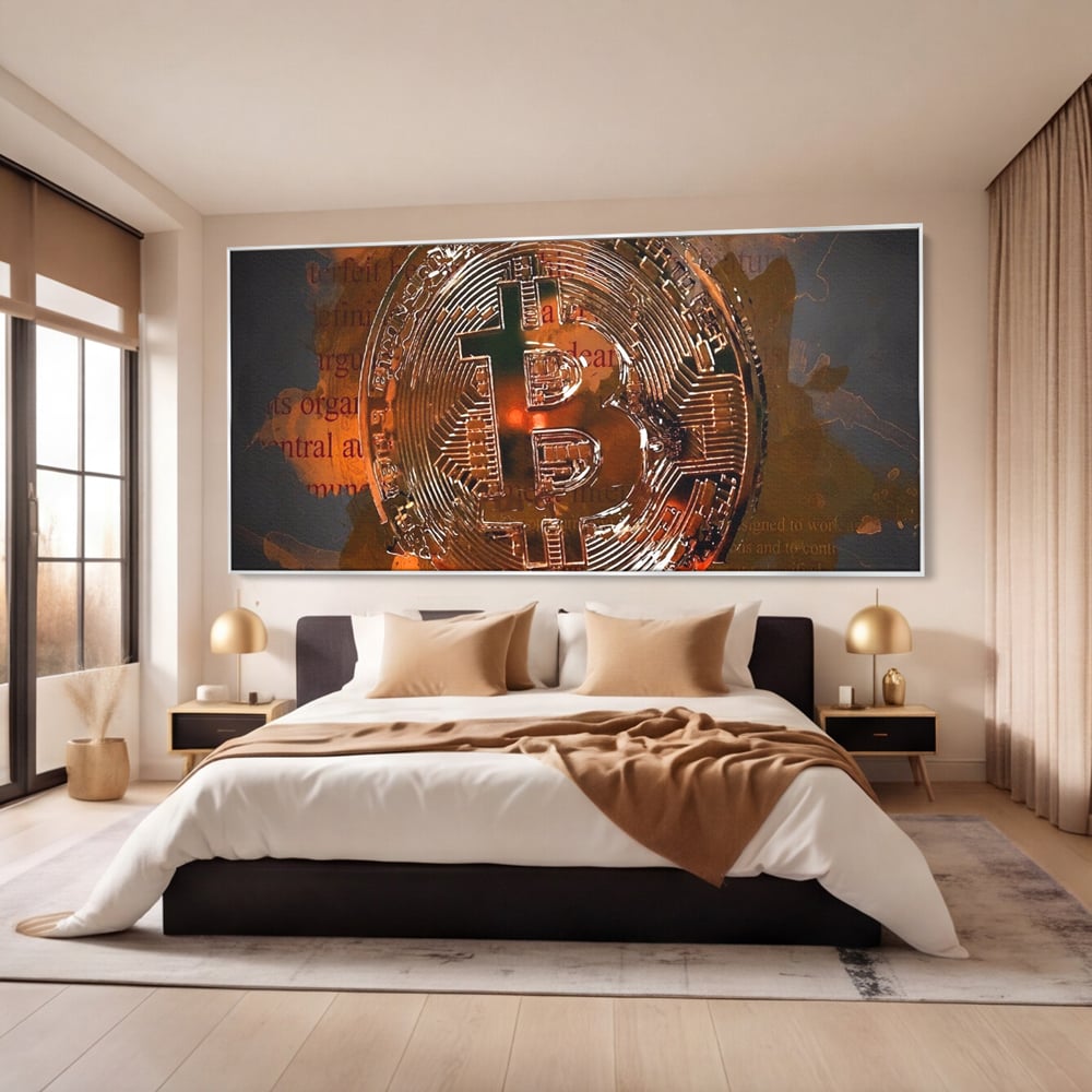 Tablou canvas cu tablou canvas cu moneda bitcoin, in rama de aluminiu argintiu, pe perete intr-un dormitor