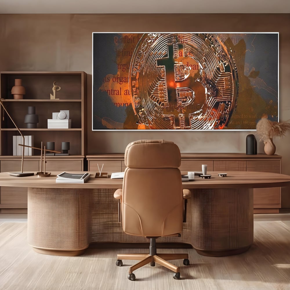 Tablou canvas cu tablou canvas cu moneda bitcoin, in rama de aluminiu argintiu, pe perete intr-un birou