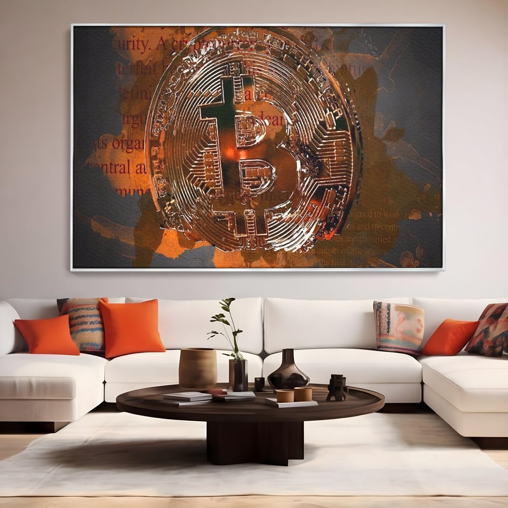 Tablou canvas cu tablou canvas cu moneda bitcoin, in rama de aluminiu argintiu, pe perete intr-un living