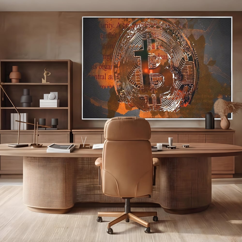 Tablou canvas cu tablou canvas cu moneda bitcoin, in rama de aluminiu argintiu, pe perete intr-un birou