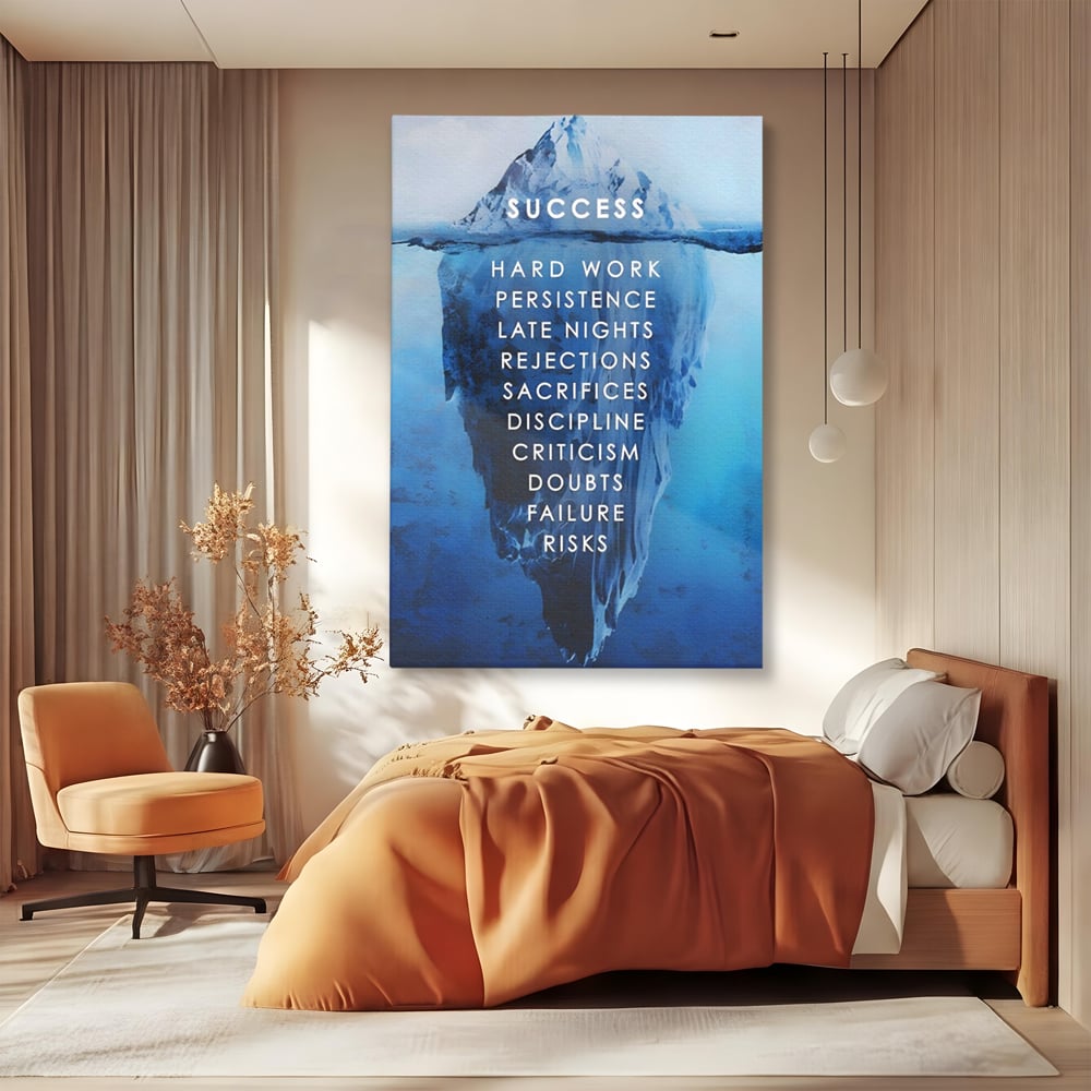 Tablou canvas cu tablou canvas motivational iceberg, fara rama, pe sasiu de lemn, pe perete intr-un dormitor