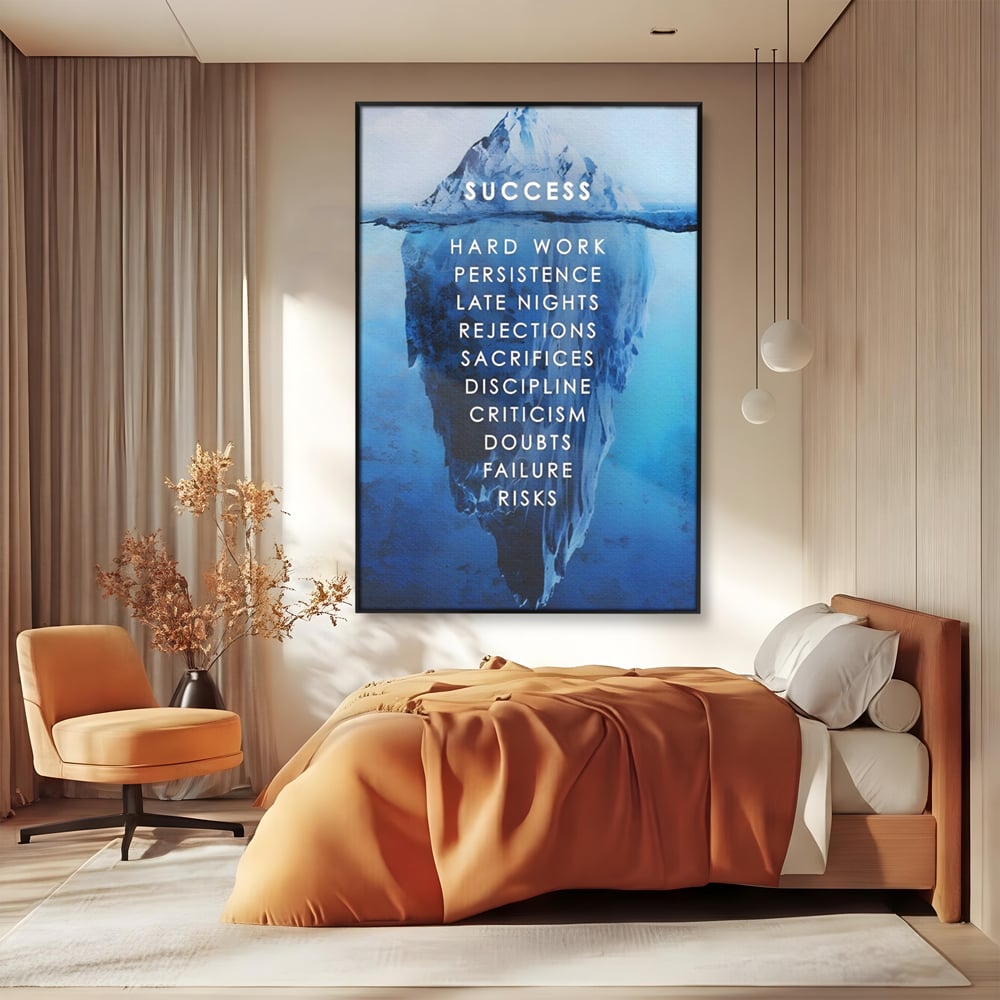 Tablou canvas cu tablou canvas motivational iceberg, in rama de aluminiu negru, pe perete intr-un dormitor