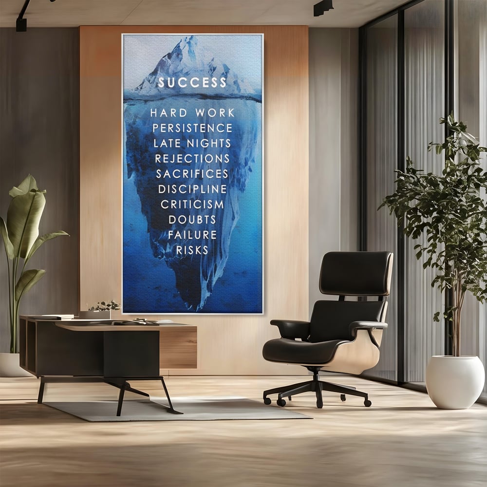 Tablou canvas cu tablou canvas motivational iceberg, in rama de aluminiu argintiu, pe perete intr-un birou