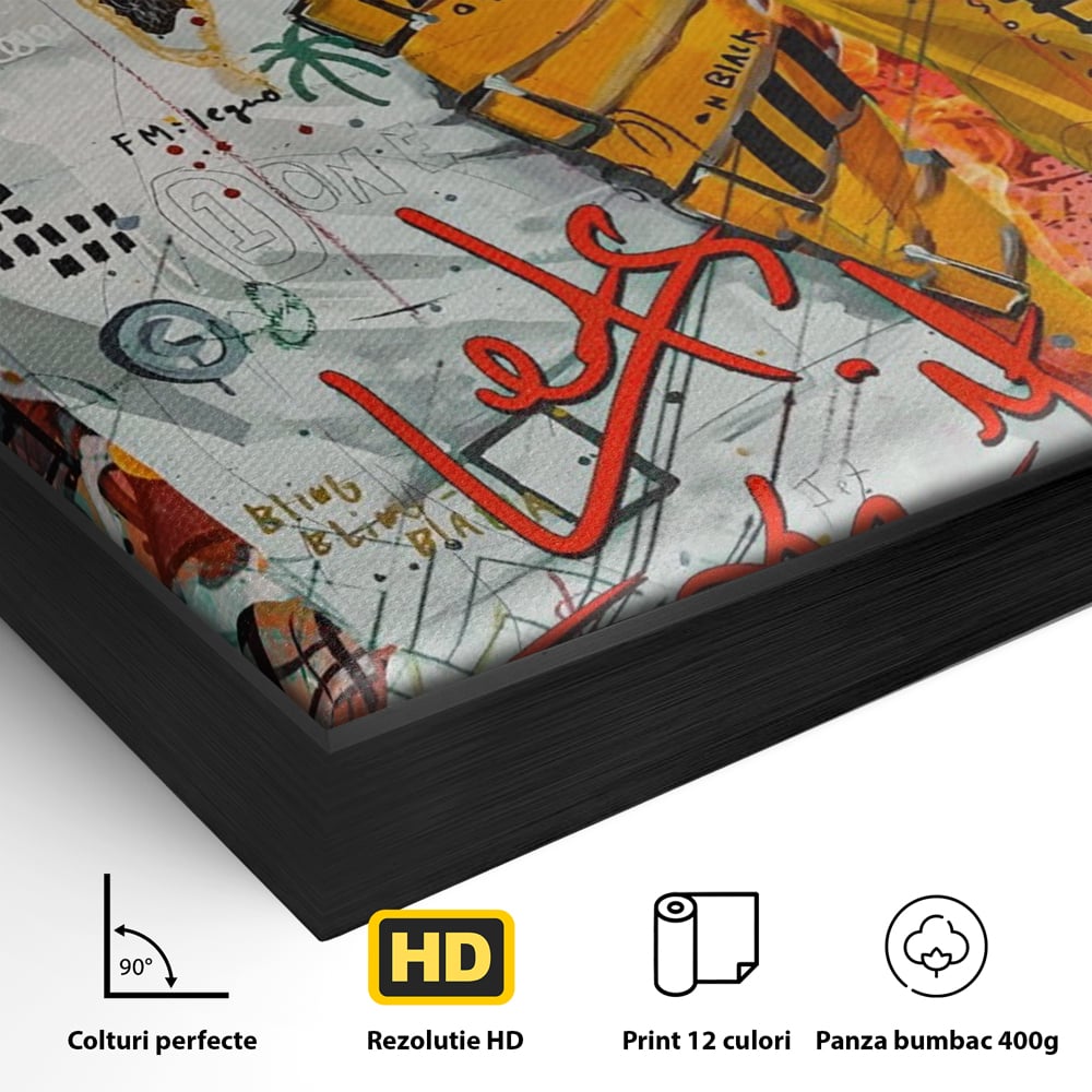 Detaliu al suprafetei: tablou canvas cu freddie mercury stil grafitti, in rama de aluminiu negru