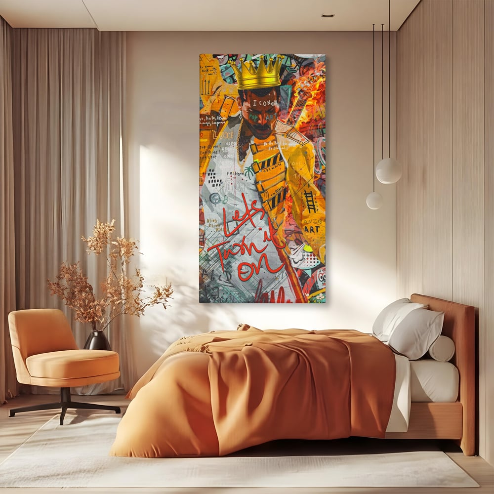 Tablou canvas cu tablou canvas cu freddie mercury stil grafitti, fara rama, pe sasiu de lemn, pe perete intr-un dormitor