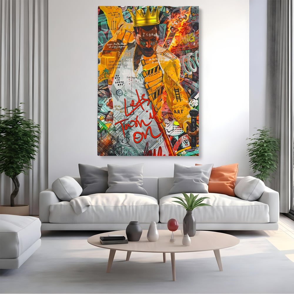 Tablou canvas cu tablou canvas cu freddie mercury stil grafitti, fara rama, pe sasiu de lemn, pe perete intr-un living