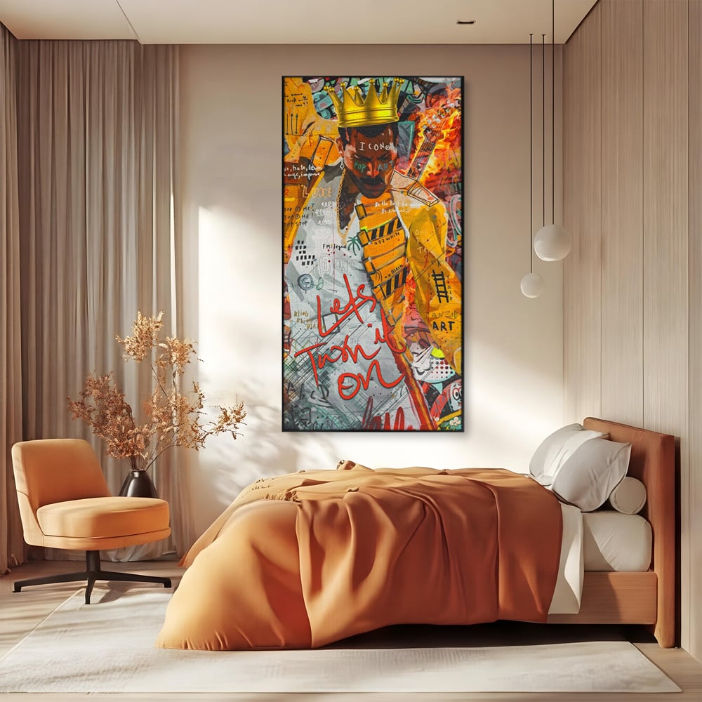 Tablou canvas cu tablou canvas cu freddie mercury stil grafitti, in rama de aluminiu negru, pe perete intr-un dormitor