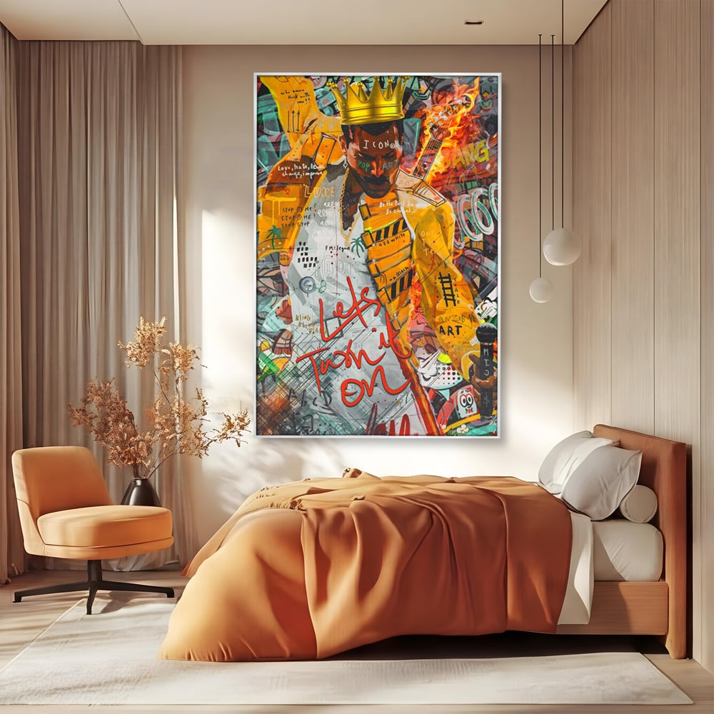 Tablou canvas cu tablou canvas cu freddie mercury stil grafitti, in rama de aluminiu argintiu, pe perete intr-un dormitor