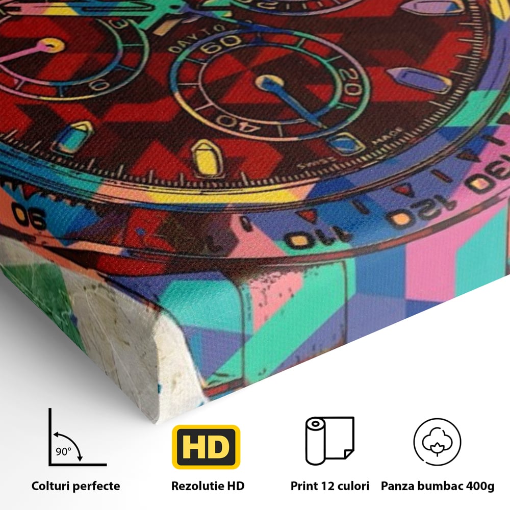 Detaliu al suprafetei: tablou canvas cu ceas colorat tip rolex, fara rama, pe sasiu de lemn