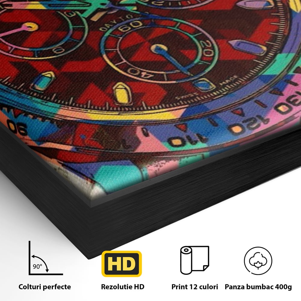 Detaliu al suprafetei: tablou canvas cu ceas colorat tip rolex, in rama de aluminiu negru