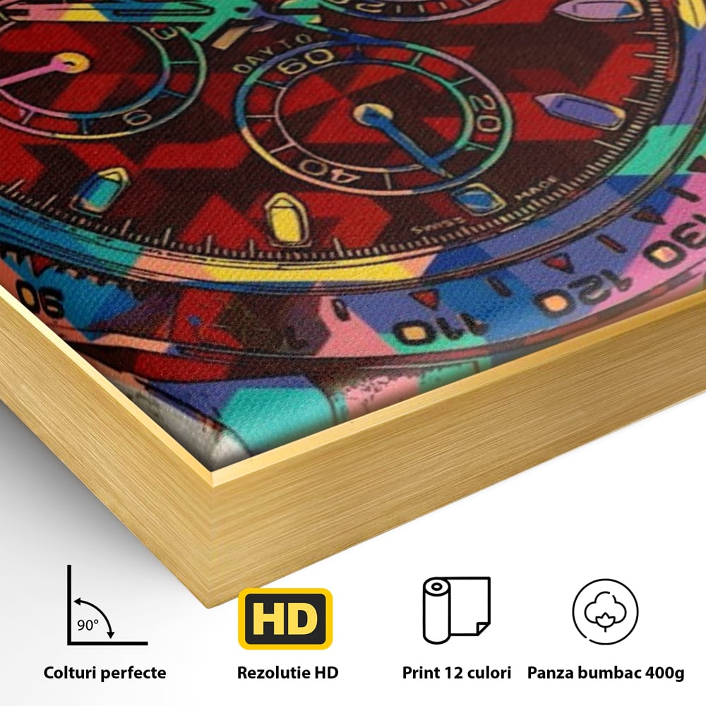 Detaliu al suprafetei: tablou canvas cu ceas colorat tip rolex, in rama de aluminiu auriu