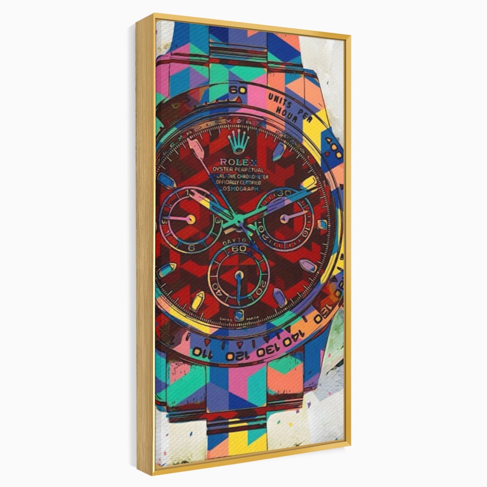 Tablou canvas cu tablou canvas cu ceas colorat tip rolex, in rama de aluminiu auriu