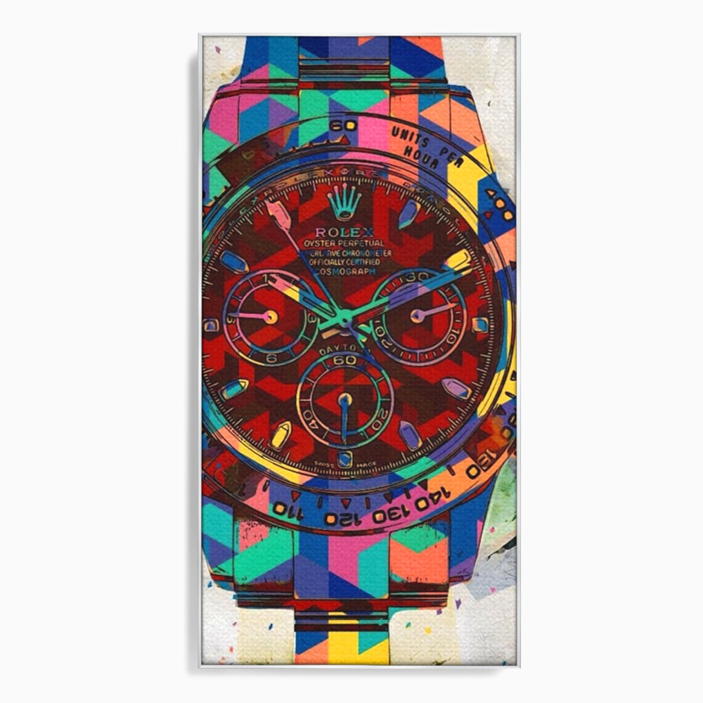Tablou canvas cu tablou canvas cu ceas colorat tip rolex, in rama de aluminiu argintiu