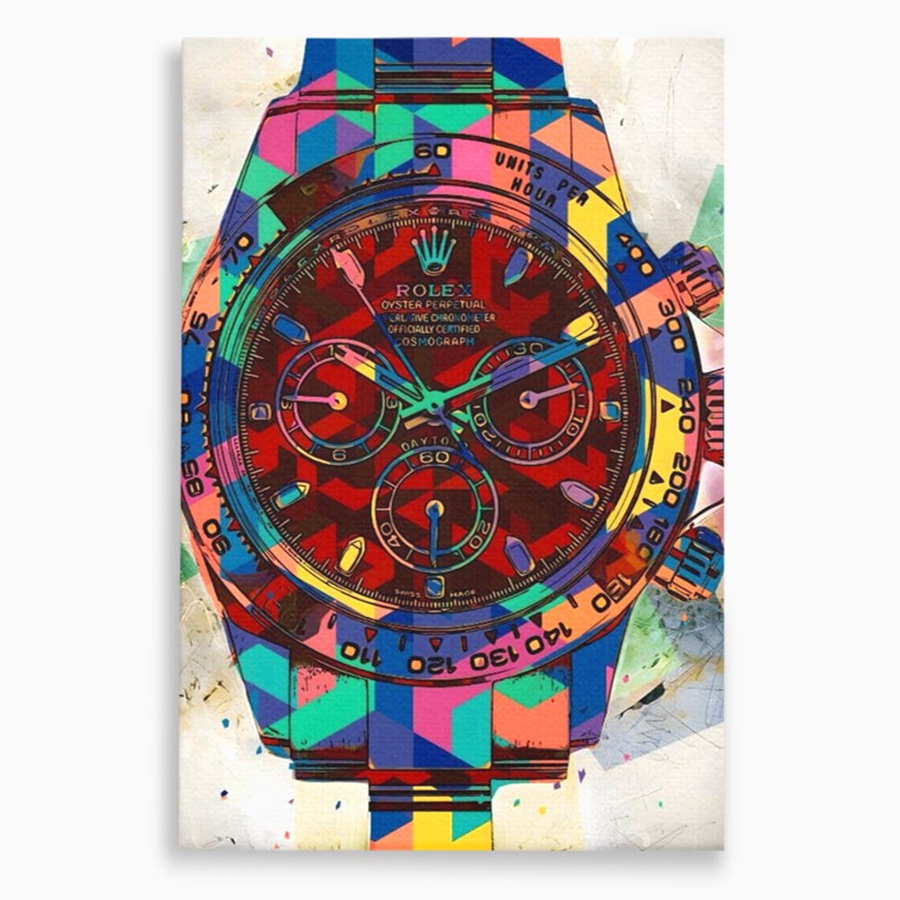 Tablou canvas cu tablou canvas cu ceas colorat tip rolex, fara rama, pe sasiu de lemn