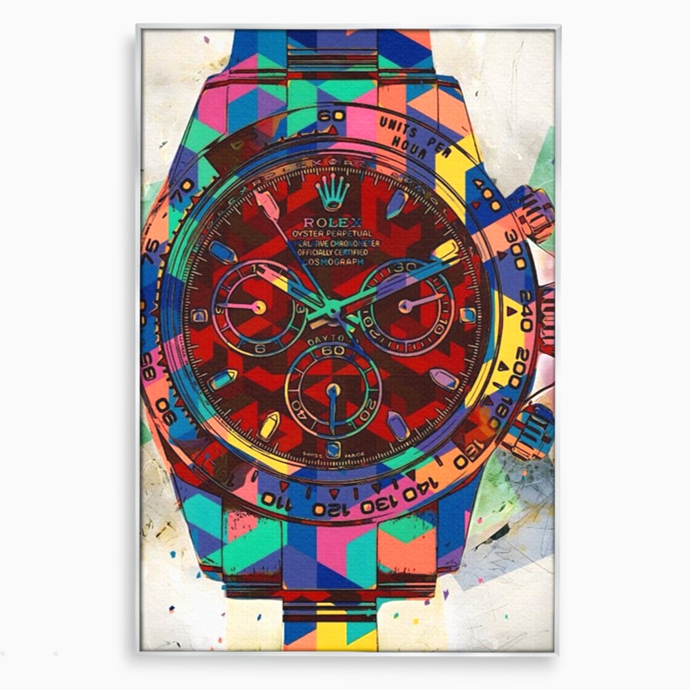 Tablou canvas cu tablou canvas cu ceas colorat tip rolex, in rama de aluminiu argintiu