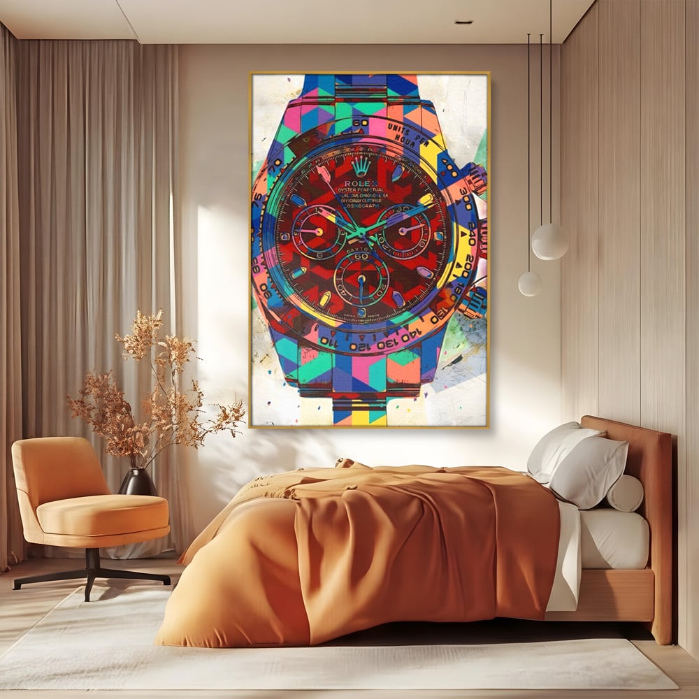 Tablou canvas cu tablou canvas cu ceas colorat tip rolex, in rama de aluminiu auriu, pe perete intr-un dormitor