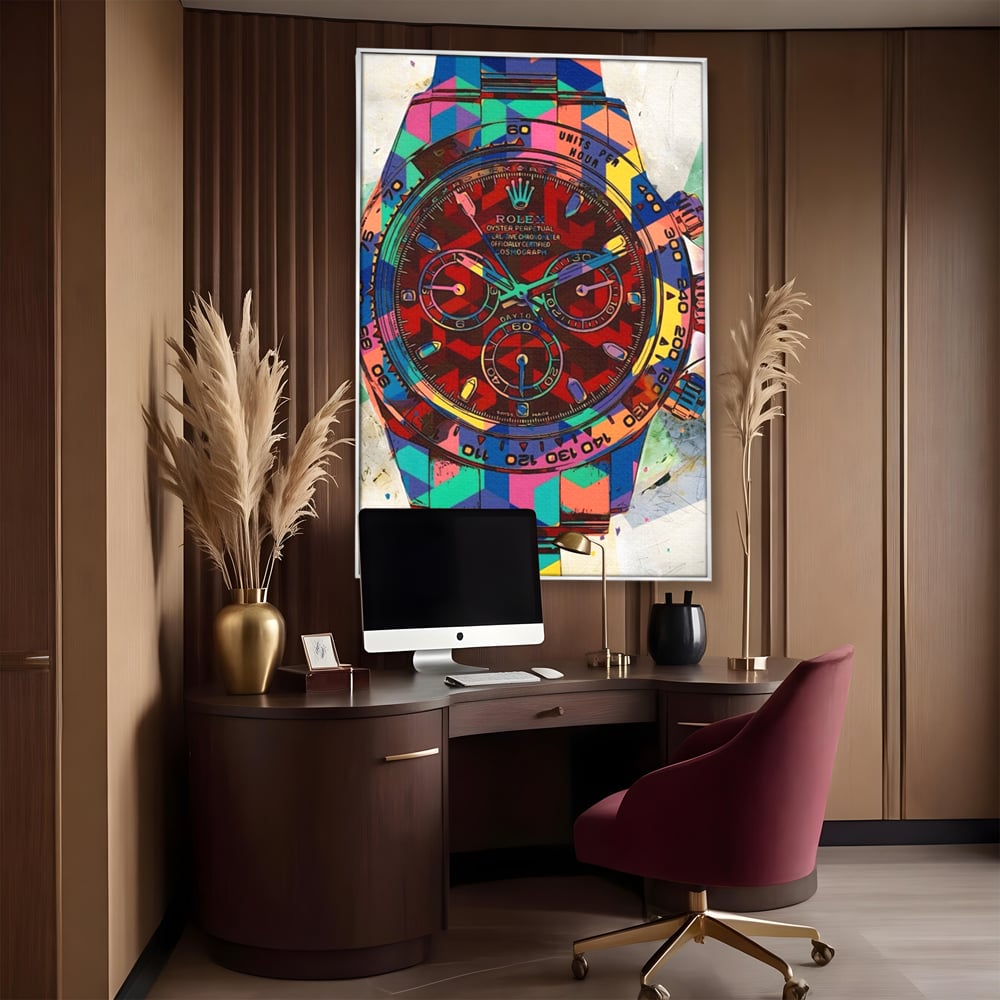 Tablou canvas cu tablou canvas cu ceas colorat tip rolex, in rama de aluminiu argintiu, pe perete intr-un birou