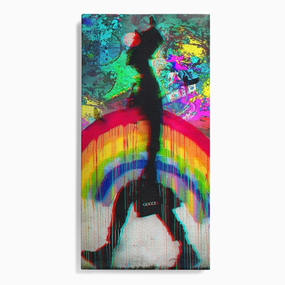 Tablou canvas cu tablou canvas cu silueta si curcubeu graffiti, fara rama, pe sasiu de lemn