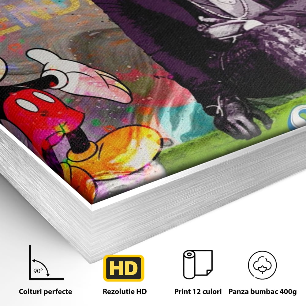 Detaliu al suprafetei: tablou canvas cu mickey mouse si karl lagerfeld, in rama de aluminiu argintiu