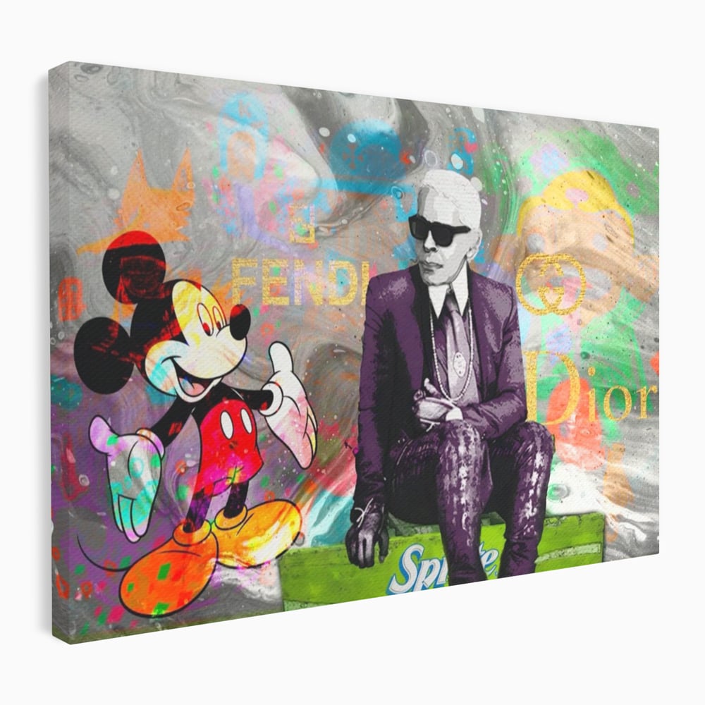 Tablou canvas cu tablou canvas cu mickey mouse si karl lagerfeld, fara rama, pe sasiu de lemn